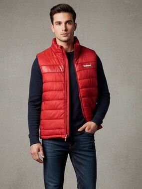 Timberland Men's Red Classic Sleepless Logo Down Puffer Winter Vest Size XL